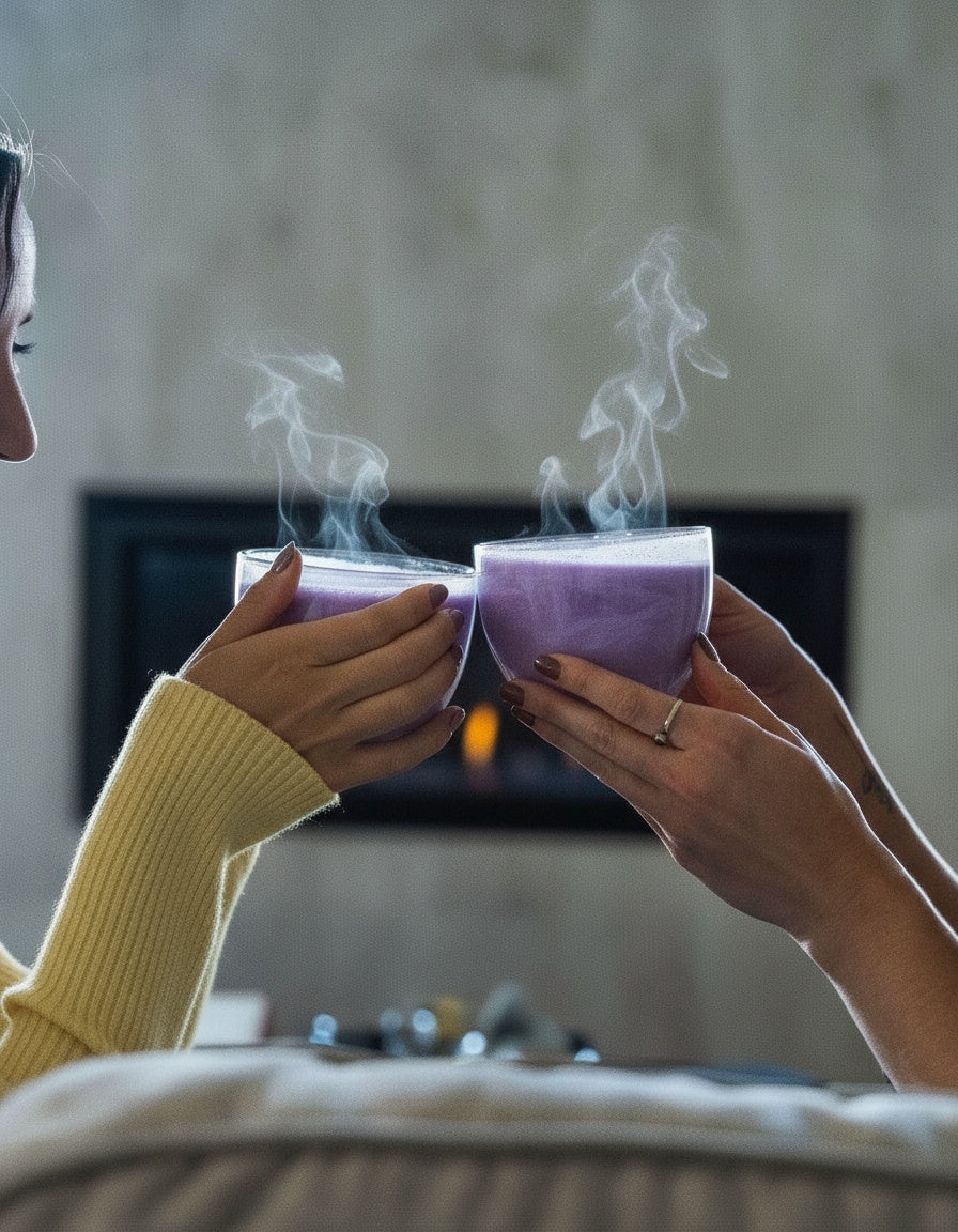 Two people clinking cups of steaming Dreamy Soothe lavender taro lattes in a cozy evening setting