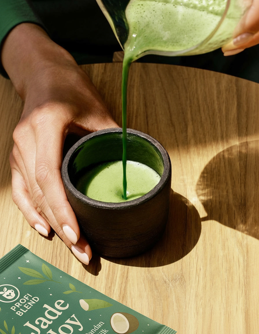 Cup of Jade Joy matcha pandan latte as a coffee alternative for gentle energy