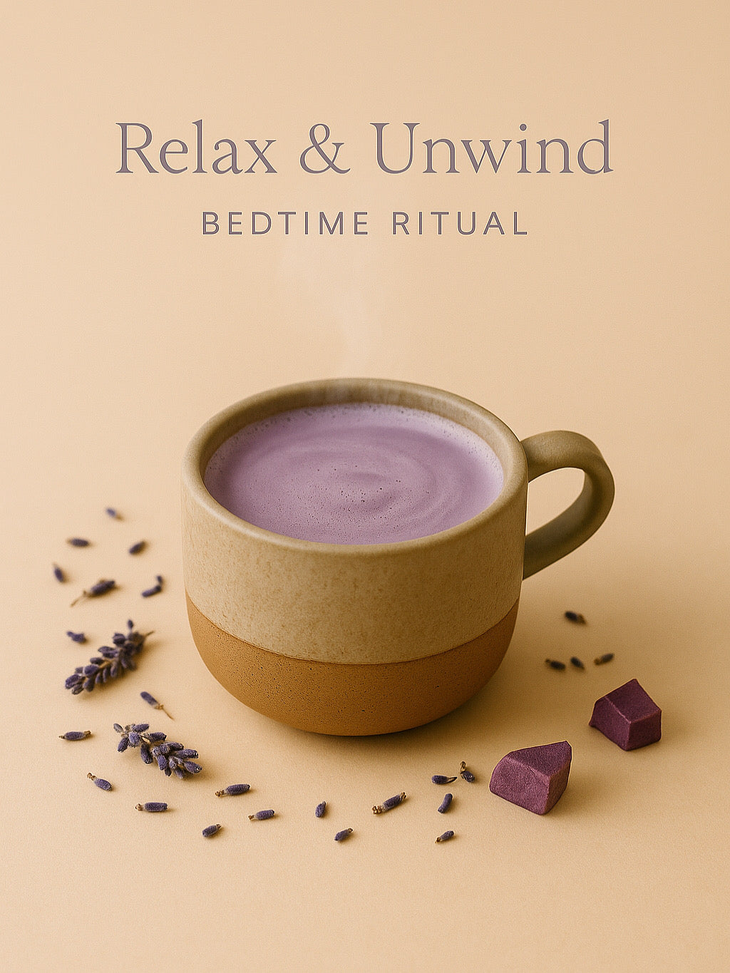 Cup of Dreamy Soothe lavender taro bedtime latte surrounded by lavender sprigs and purple cubes