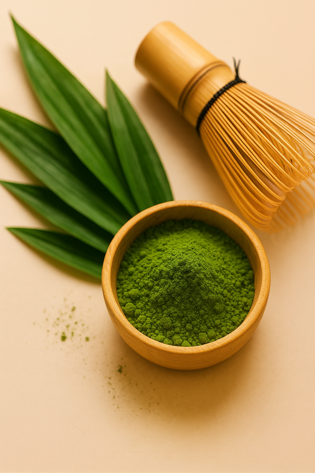 Matcha pandan latte powder in wooden bowl with pandan leaves and bamboo whisk for Jade Joy blend