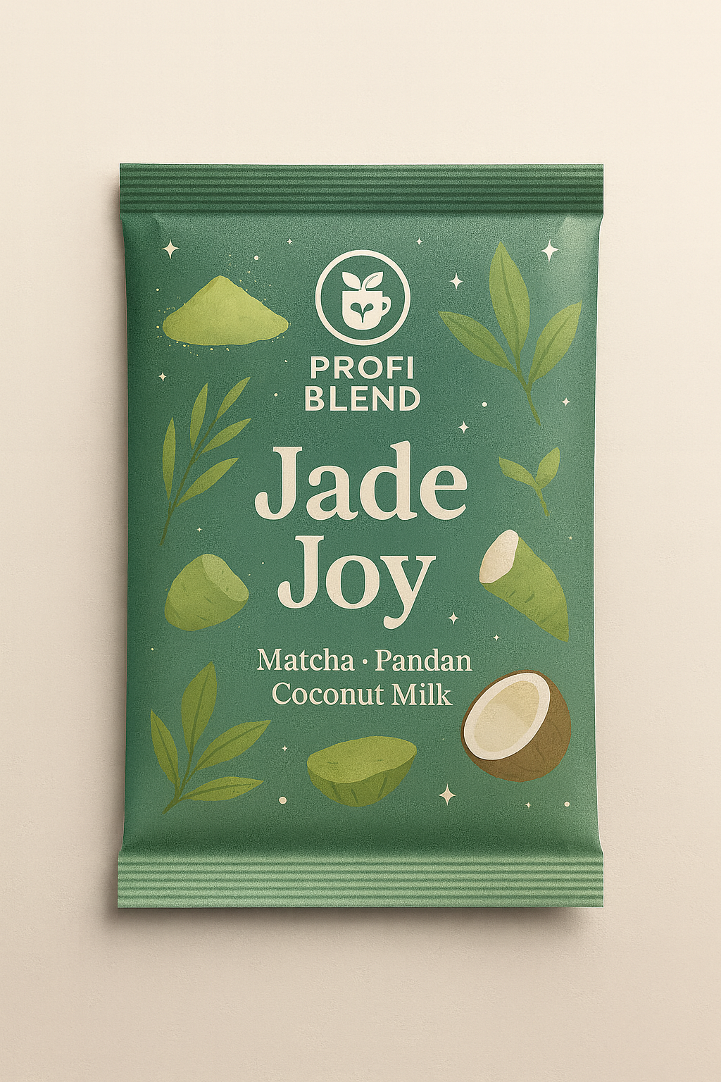 ProfiBlend Jade Joy matcha pandan coconut latte sachet with green botanical design