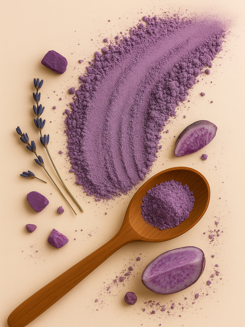 Lavender sprigs, purple sweet potato slices, and taro latte powder for Dreamy Soothe botanical blend