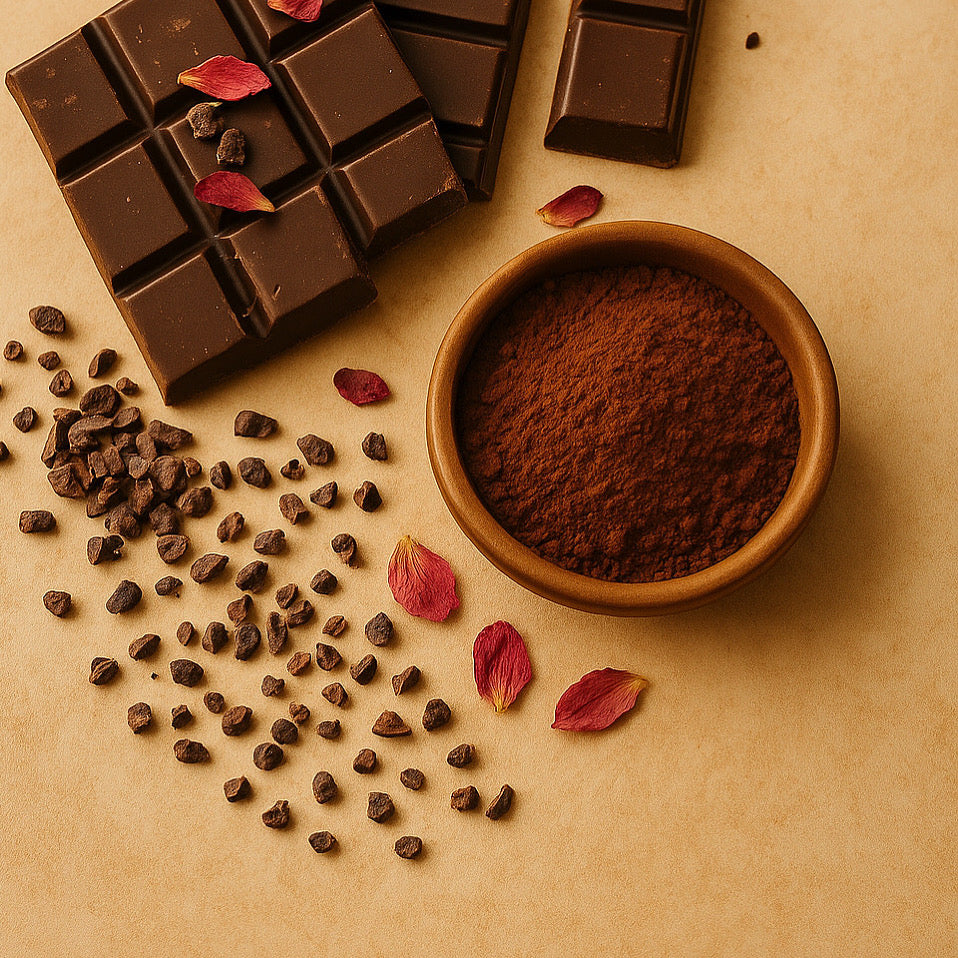 Cacao powder in bowl with chocolate bars, cacao nibs, and rose petals for Coco Bloom latte