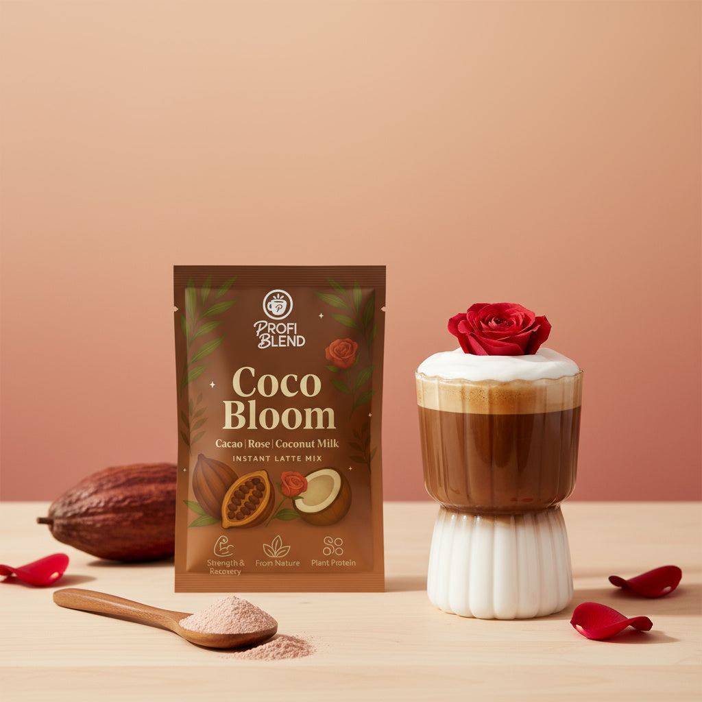 Coco Bloom cacao rose latte sachet beside a glass of chocolate latte topped with cream and a red rose, with a wooden spoon of light pinkish brown powder on a pastel background.