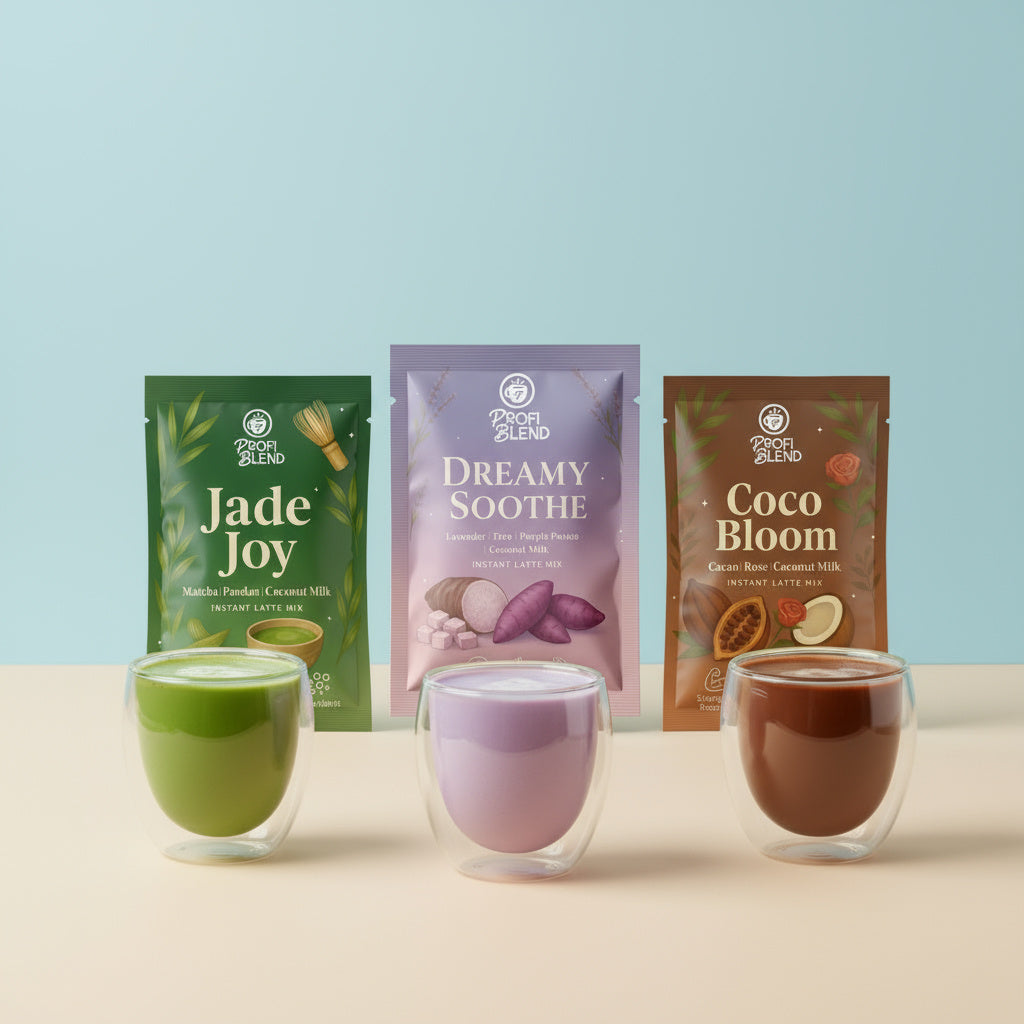 ProfiBlend Starter Ritual Pack with Jade Joy, Coco Bloom, and Dreamy Soothe latte sachets