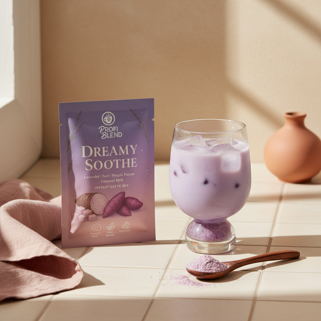 Dreamy Soothe lavender taro latte sachet angled on a tiled surface beside a glass of iced purple latte and a wooden spoon filled with lavender powder, styled with natural sunlight and soft beige background.
