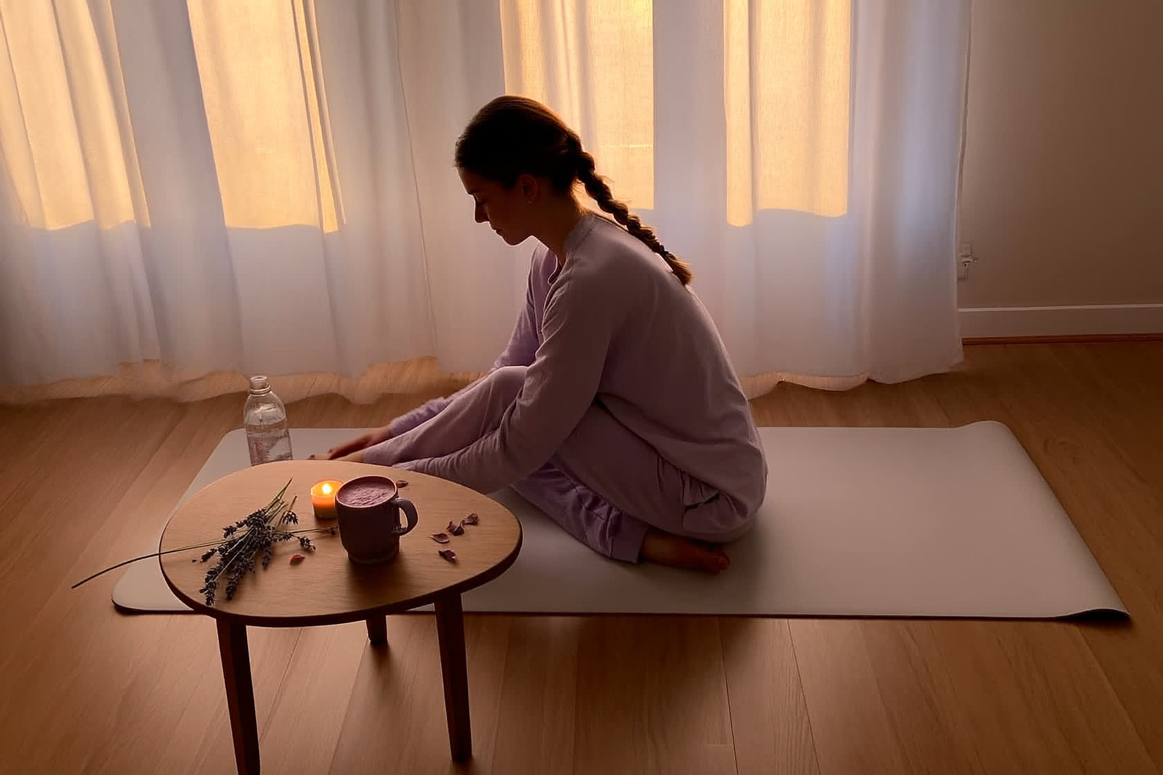 Woman practicing yin yoga with a cup of Dreamy Soothe lavender taro latte on the desk beside her