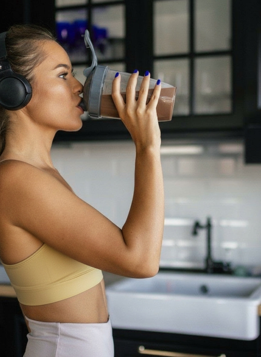 Woman in gym clothes drinking Coco Bloom cacao rose botanical latte from a plastic bottle