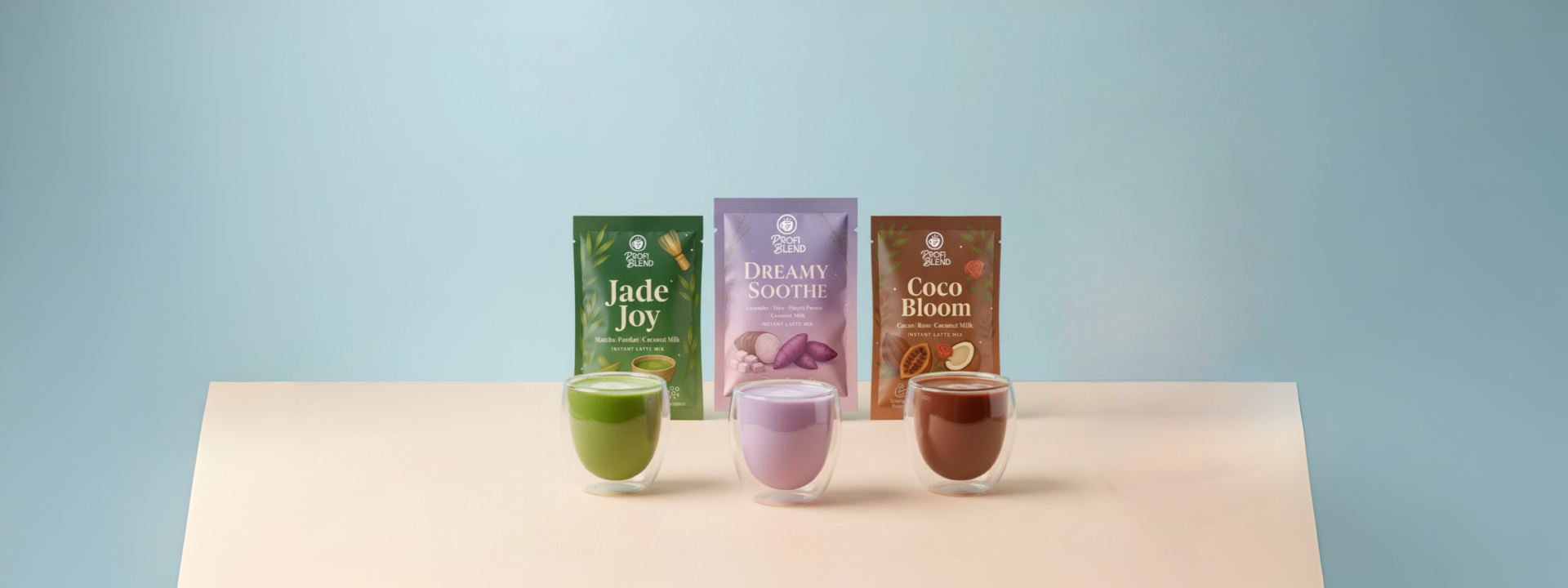 Profi Blend vegan superfood latte sachets Jade Joy, Dreamy Soothe, and Coco Bloom displayed with matching glasses of green matcha, purple taro, and chocolate rose lattes on a pastel background.