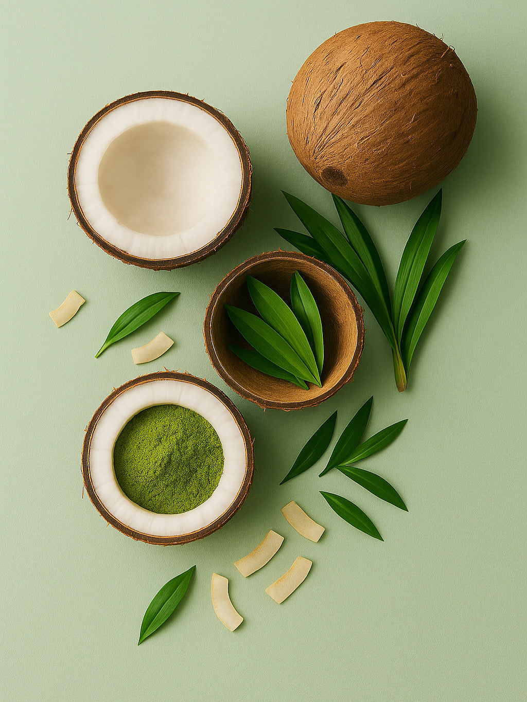 Coconut halves with matcha pandan latte powder and green pandan leaves on pastel background