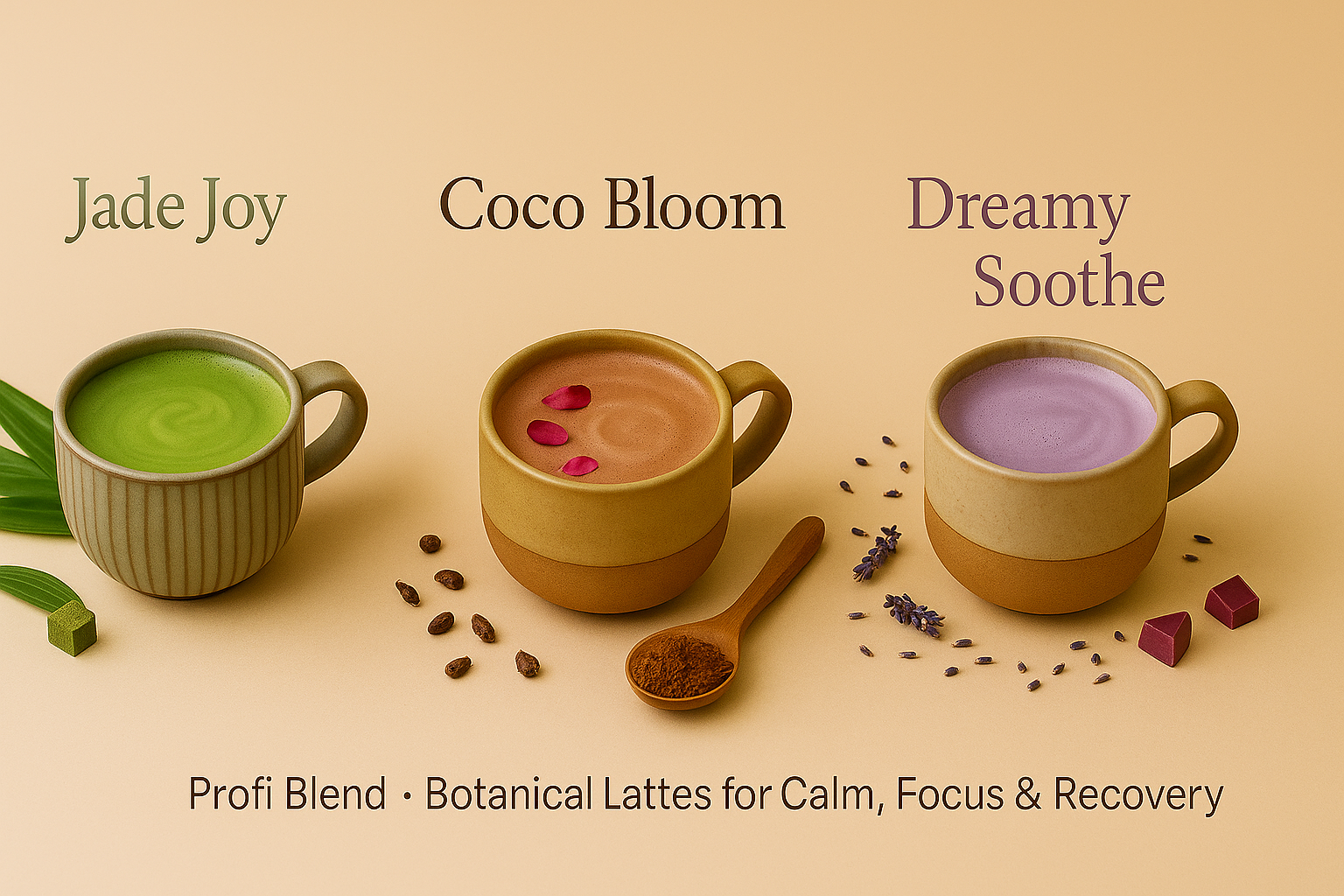 Cups of Jade Joy, Coco Bloom, and Dreamy Soothe botanical lattes by ProfiBlend for calm, focus, and recovery