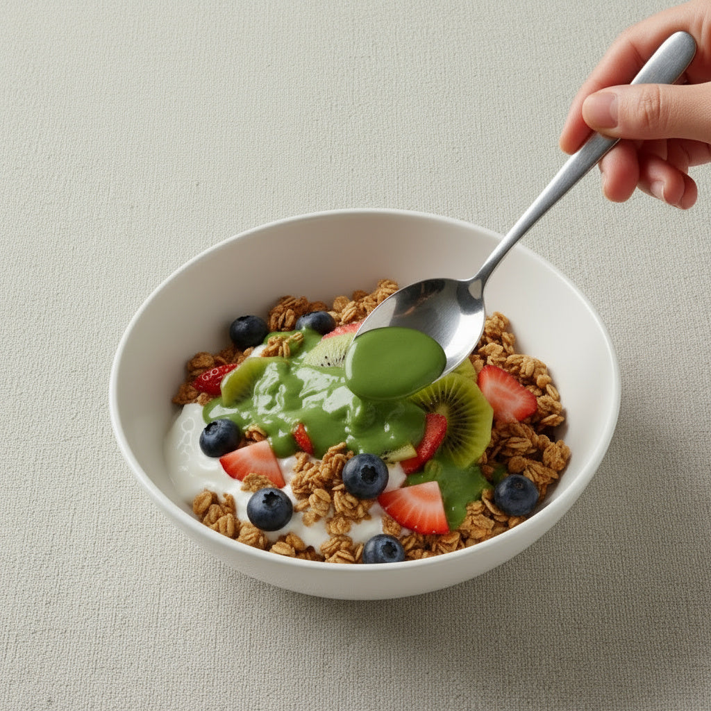 A hand holding a spoonful of granola, fruit, and Jade Joy matcha latte from a yogurt bowl on a beige linen table.