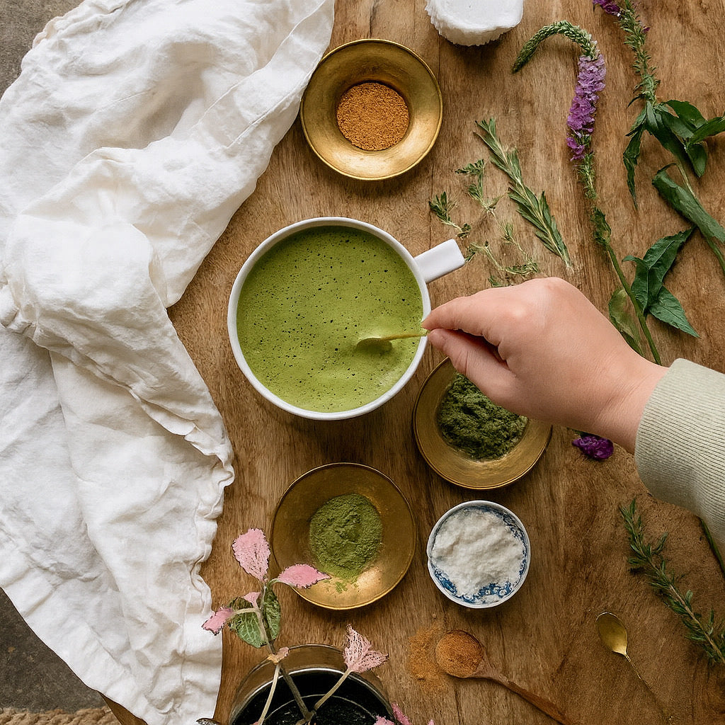 Cup of Jade Joy matcha pandan coconut latte on wooden table with herbs 