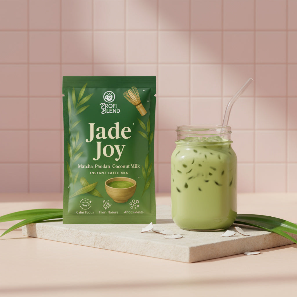 Jade Joy matcha pandan latte sachet standing on a stone slab beside a glass of iced matcha latte, styled with pandan leaves and coconut chips against a soft pink tiled background.