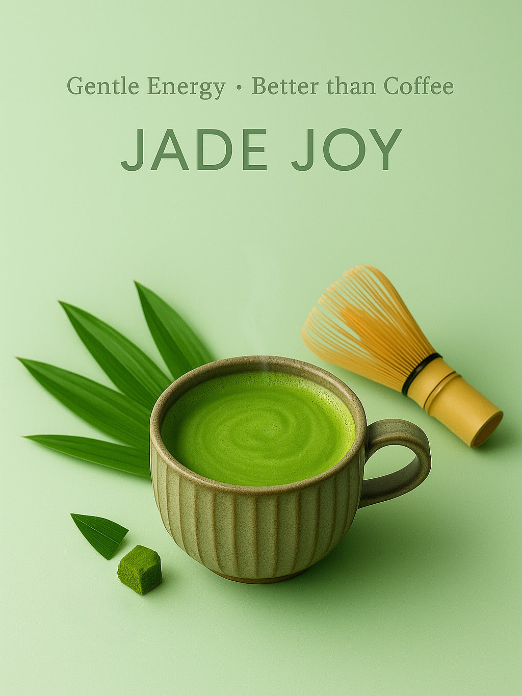 Cup of Jade Joy matcha pandan coconut latte with bamboo whisk and pandan leaves on green background