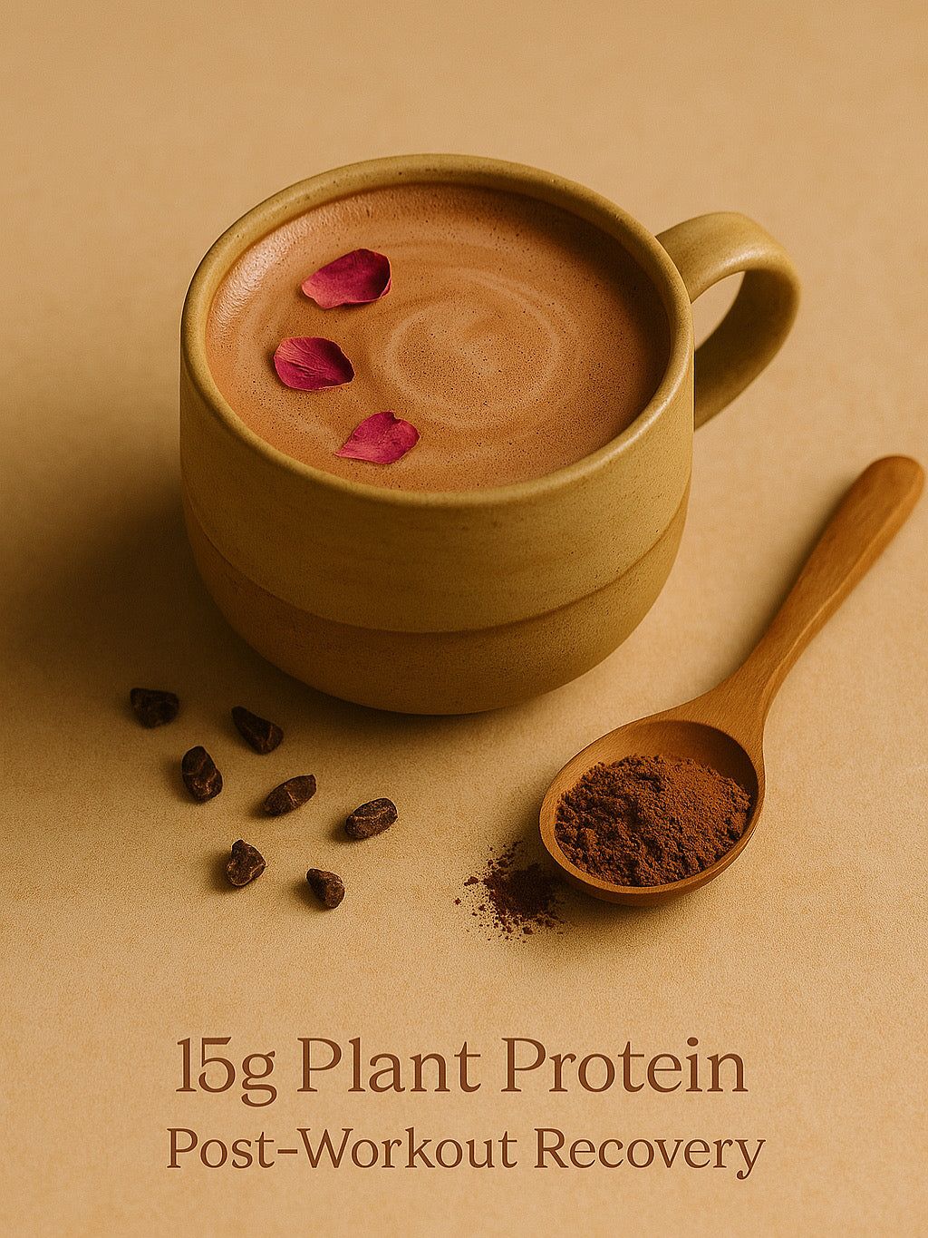 Cup of Coco Bloom cacao rose botanical latte with 15g plant protein for post-workout recovery