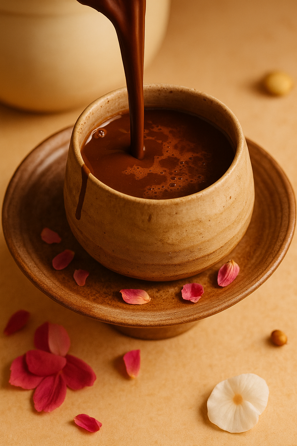 Coco Bloom cacao rose latte being poured into rustic ceramic cup with rose petals on saucer