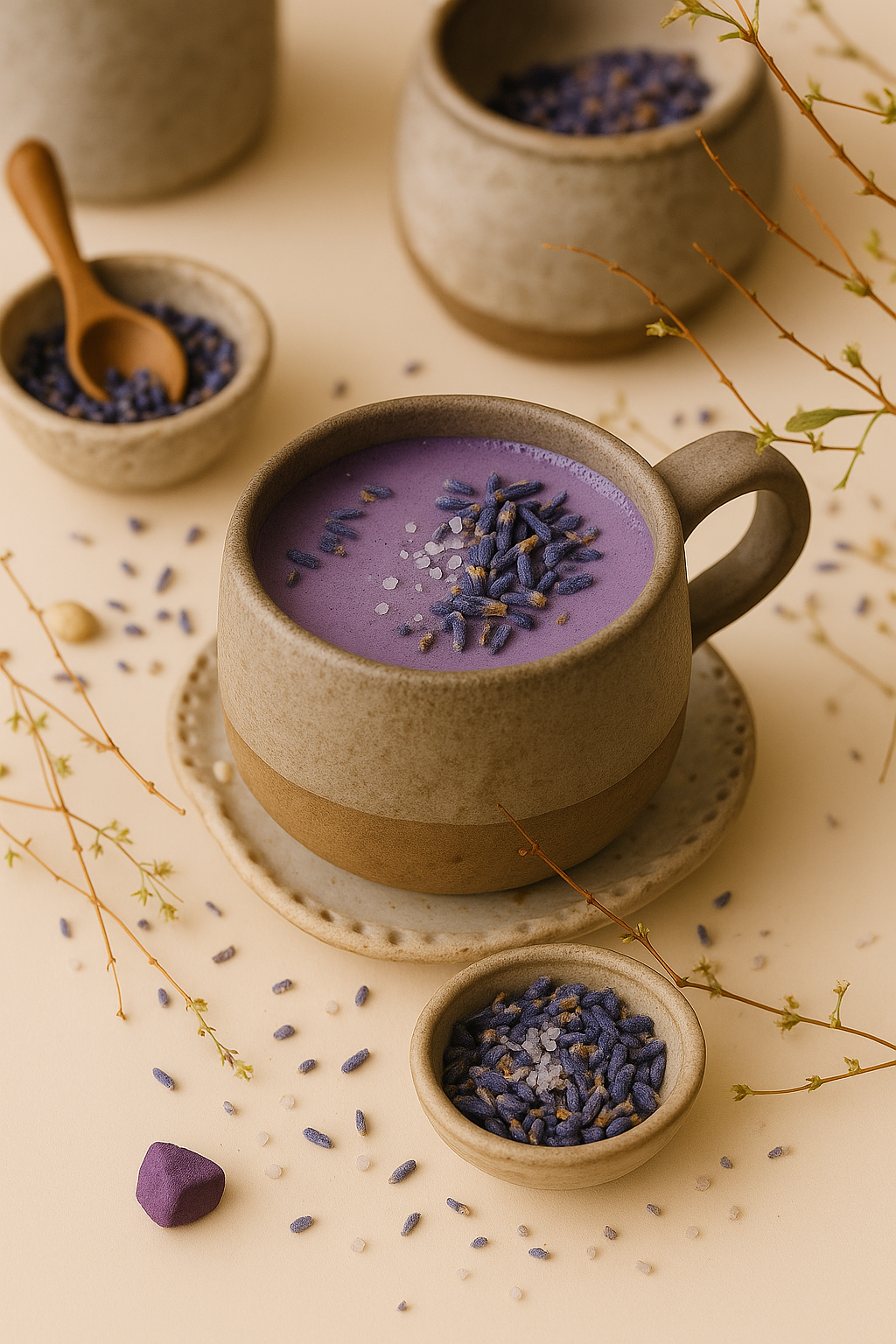 Cup of Dreamy Soothe lavender taro latte topped with lavender buds and sea salt crystals