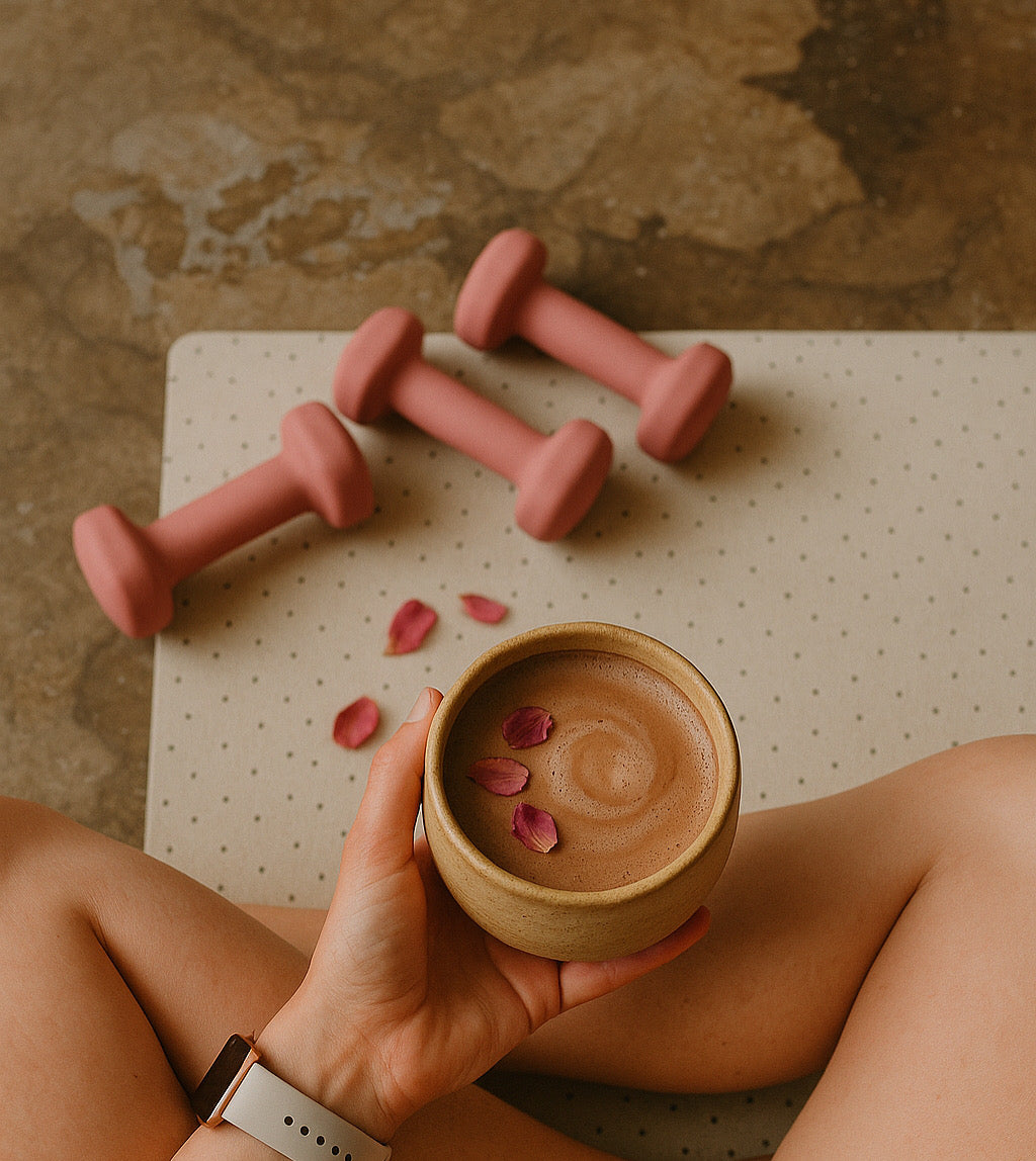 Woman sitting cross-legged on a yoga mat with dumbbells on the floor and a cup of Coco Bloom cacao rose latte in front of her