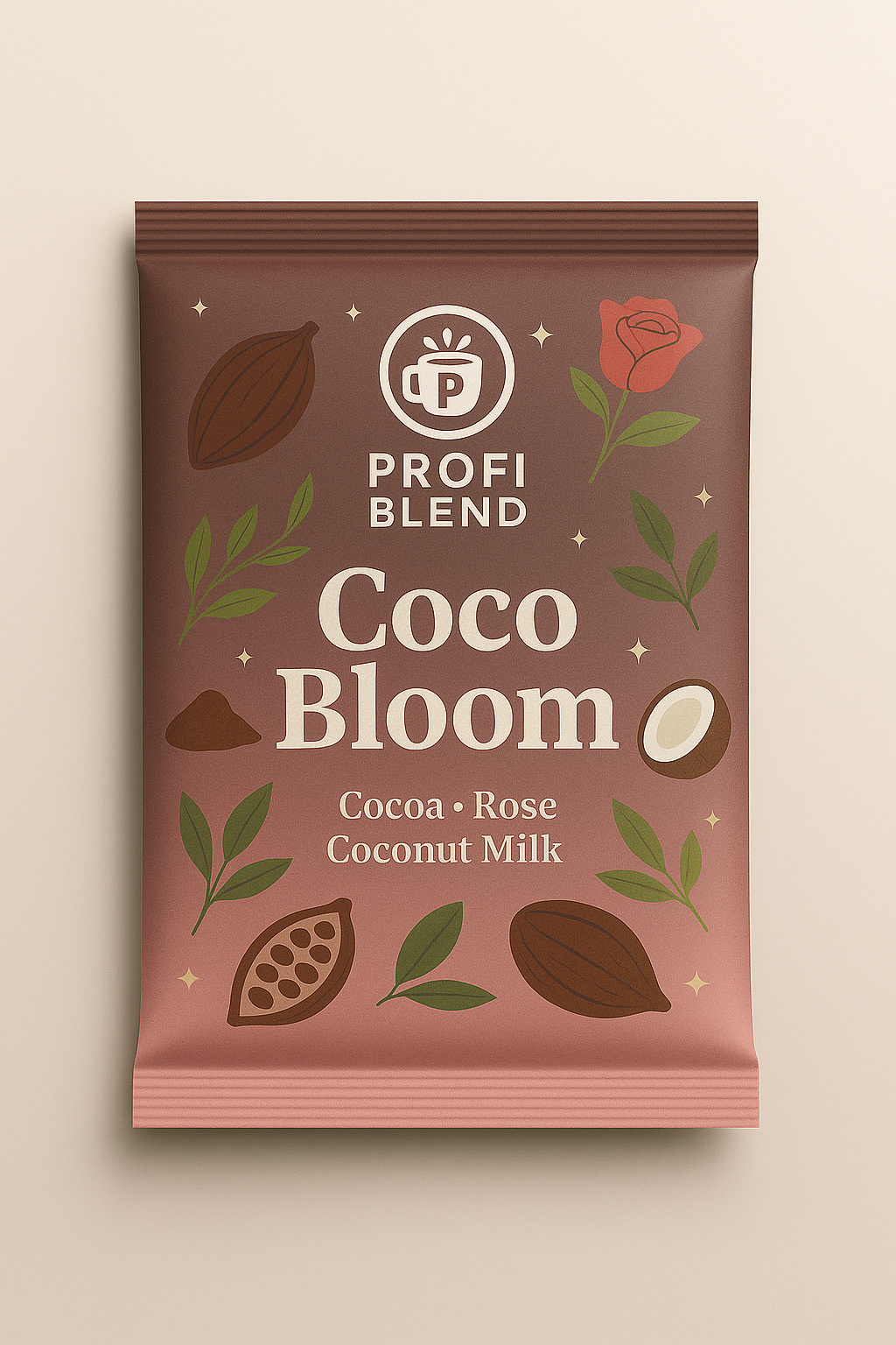 ProfiBlend Coco Bloom cacao rose latte sachet with coconut milk blend packaging