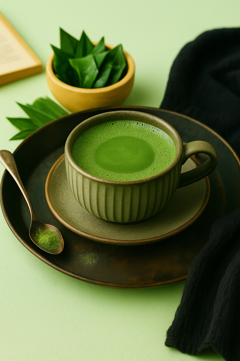 Cup of Jade Joy matcha pandan latte on ceramic saucer with spoon of matcha powder and pandan leaves