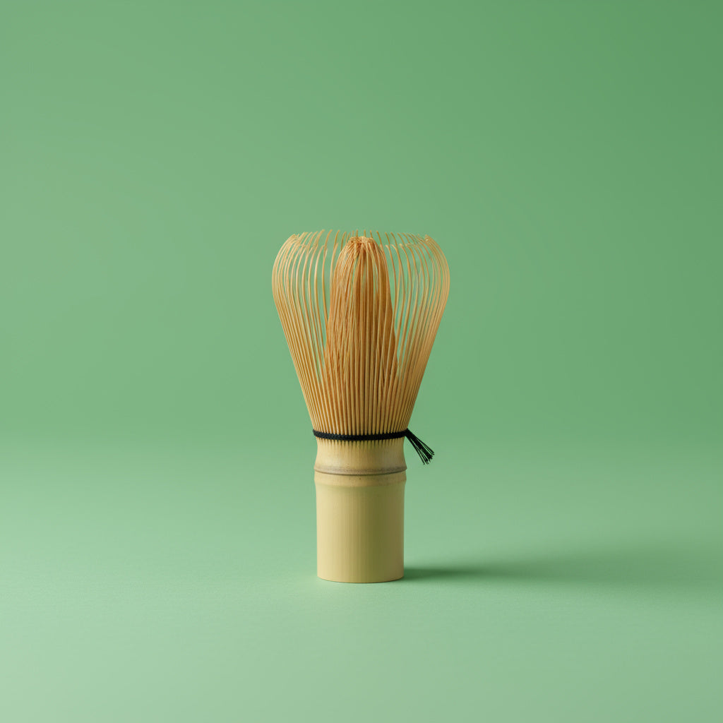 Japanese bamboo whisk (chasen) with fine prongs, standing upright on a smooth jade green background, minimalist product photo.
