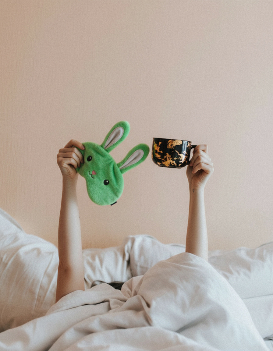 Woman lying in bed under blanket with arms holding a sleep mask and a cup of Jade Joy matcha pandan latte